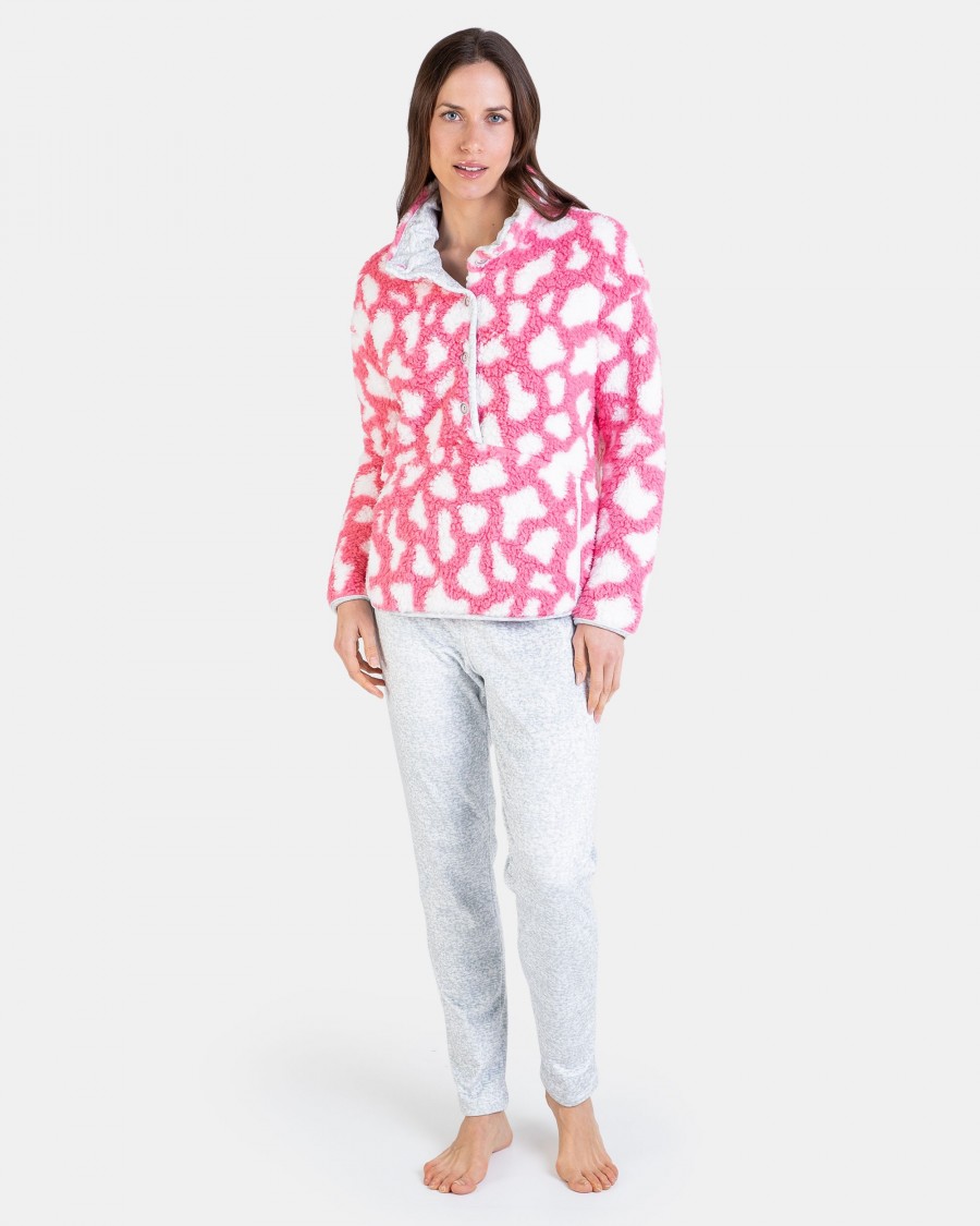 Pijama Térmico Mujer Invierno Muslher Sherpa Polar Rosa Gris