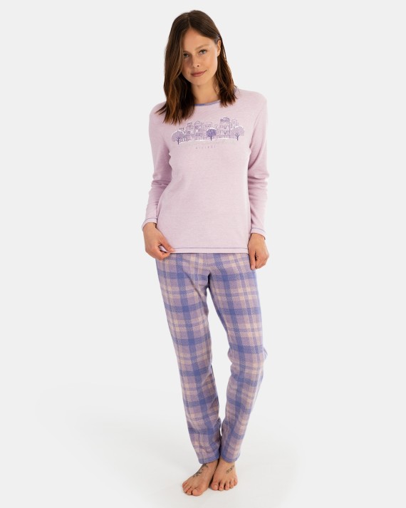 Pijama de dona llarg en teixit interlock llis i teixit Jacquard punt milà quadres