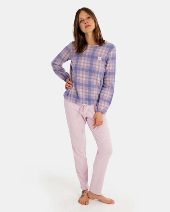 Pijama de dona llarg en teixit Jacquard punt milà quadres i teixit interlock llis