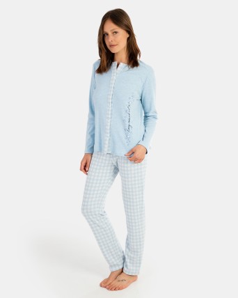 Pijama de dona llarg en teixit Jacquard Vichy i teixit interlock