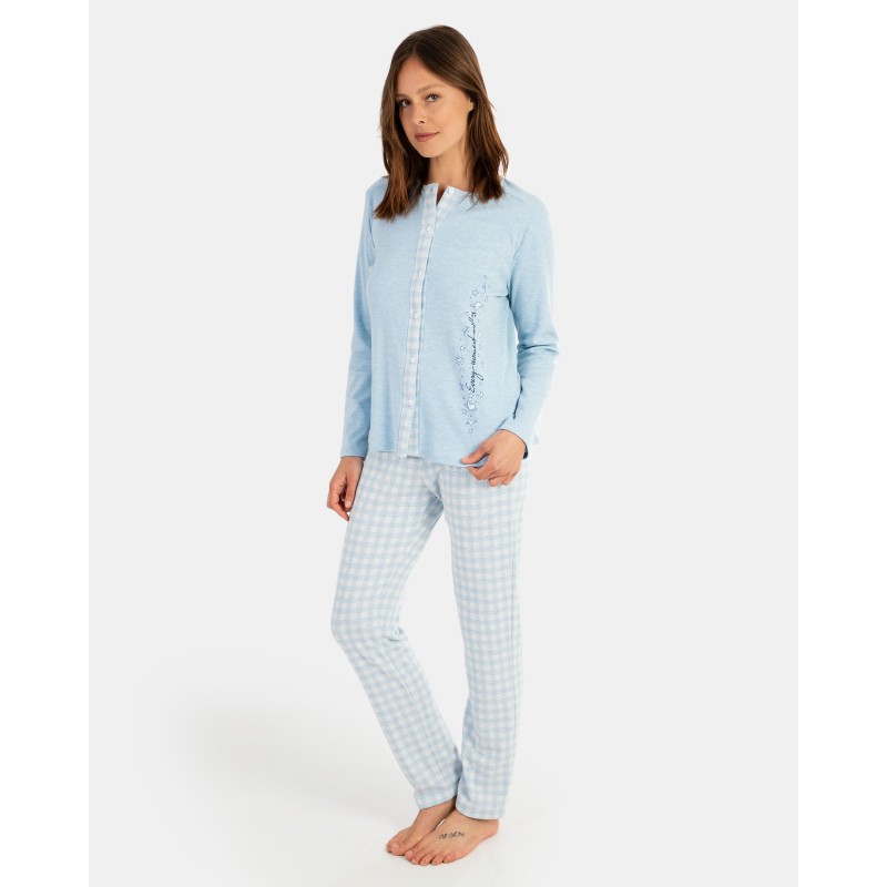 Pijama de dona llarg en teixit Jacquard Vichy i teixit interlock