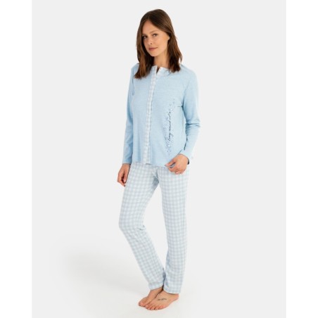 Pijama de dona llarg en teixit Jacquard Vichy i teixit interlock